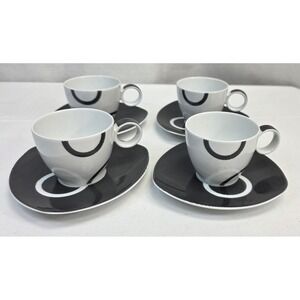 Thomas Rosenthal Group Germany Porcelain Cup and Saucer Set Black White 8 Piece